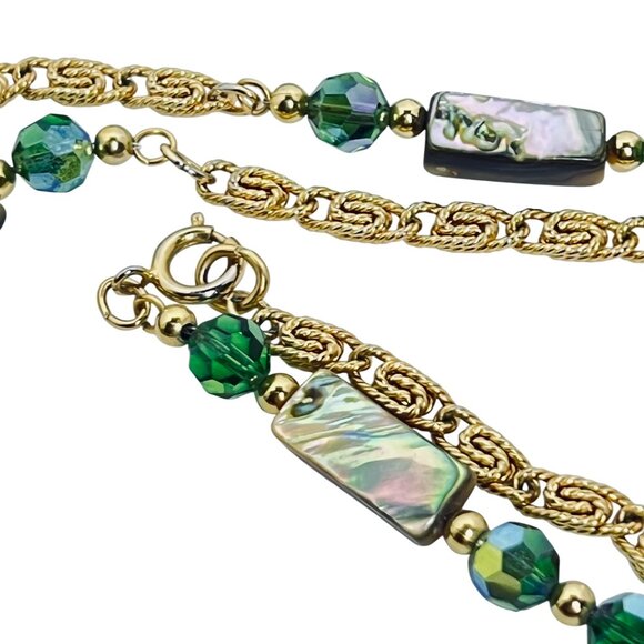 Heavy Gold Tone Snail Chain Necklace W/Abalone And AB Rhinestone Beads (5885) - Picture 6 of 8